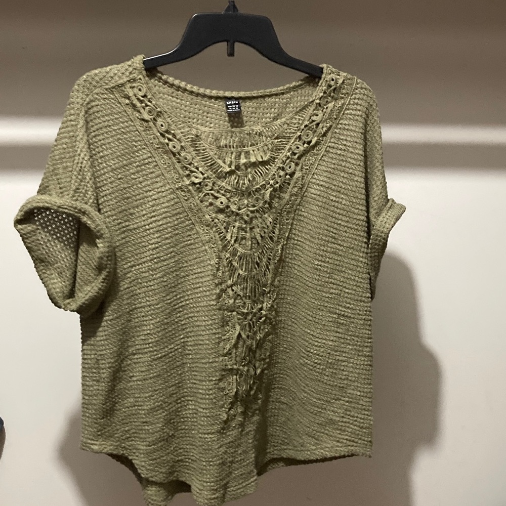SHEIN Khaki Crochet Accent Women's Blouse